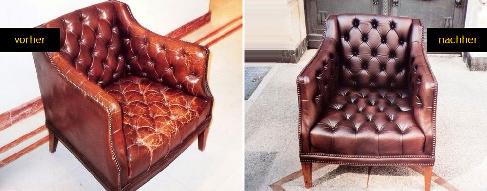 Ein antiker Sessel mit rot-braunen Leder beschlagen. Im linken Bild ist ein abgenutzter Ledersessel. Das Leder ist verbraucht und rissig. Im linken Bild ist dieselbe Ledermöbel vom Lederpflegeservice mit Lederpflegemittel aufbereitet.
