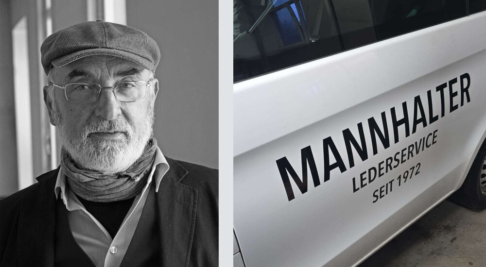Ein Mann mit einem grauen Bart. Kopf ist mit einer Mütze bedeckt. Er trägt eine Brille und ist in ein Sakko gekleidet. Herr Mannhalter ist Geschäftsführer und Erfinder des RODOX® Pflegesmittels. Daneben steht ein Firmenwagen des Lederpflegedienstes.