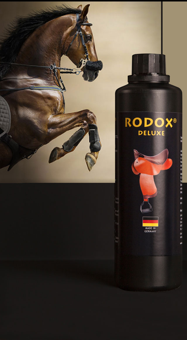 Ein brauner Hengst springt ins Bild. Der Hintergrund des Bildes ist beige. Im Vordergrund steht eine Flasche von RODOX® Pflege- und Reinigungsmittel für Leder auf Pferdesättel. Die Überschrift des Fertigproduktes lautet RODOX DELUXE.