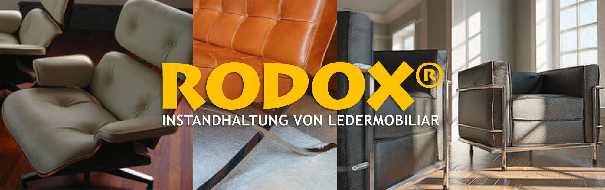 Eine Bildcollage aus verschiedenen modernen Ledersesseln. Das Leder der Sessel wirkt wie neu, obwohl es schon älter zu sein scheint. RODOX® Lederpflegedienst, Instandhaltung von Ledermobiliar steh über der Collage geschrieben.