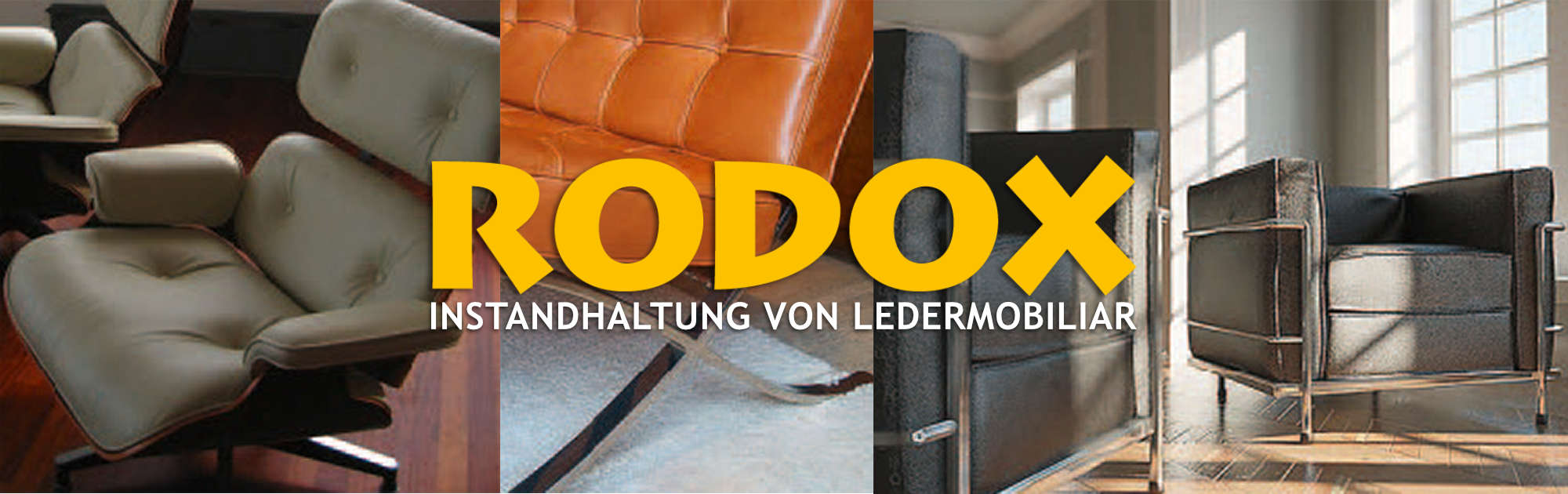 Eine Bildcollage aus verschiedenen modernen Ledersesseln. Das Leder der Sessel wirkt wie neu, obwohl es schon älter zu sein scheint. RODOX Lederpflegedienst, Instandhaltung von Ledermobiliar steh über der Collage geschrieben.